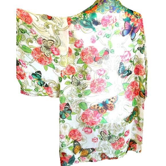 Johnny Was Silk Cover-Up Kimono Butterflies Floral Boho Chic Gypsy Beach Resort - Picture 2 of 11